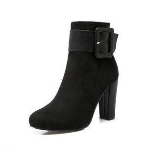 Women short buckle strap chunky high heel ankle boots