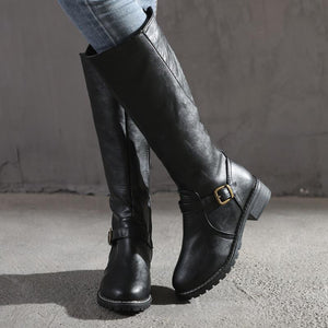 Women's knee high chunky zippper boots buckle strap biker boots with wide calf