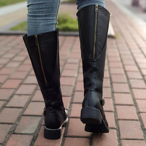 Women's knee high chunky zippper boots buckle strap biker boots with wide calf