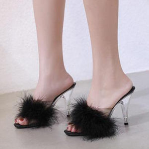 Women prom sexy fluffy peep toe slide clear chunky heels