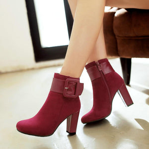 Women short buckle strap chunky high heel ankle boots