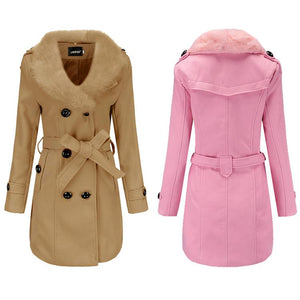 Women faux fur collar long sleeve waist strap double breasted coat