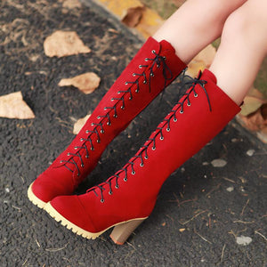 Women knee high chunky heel lace up boots