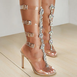 Women clear strap roman stiletto high heel rhinestone heels