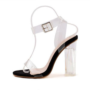 Women peep toe buckle ankle strap clear chunky heels