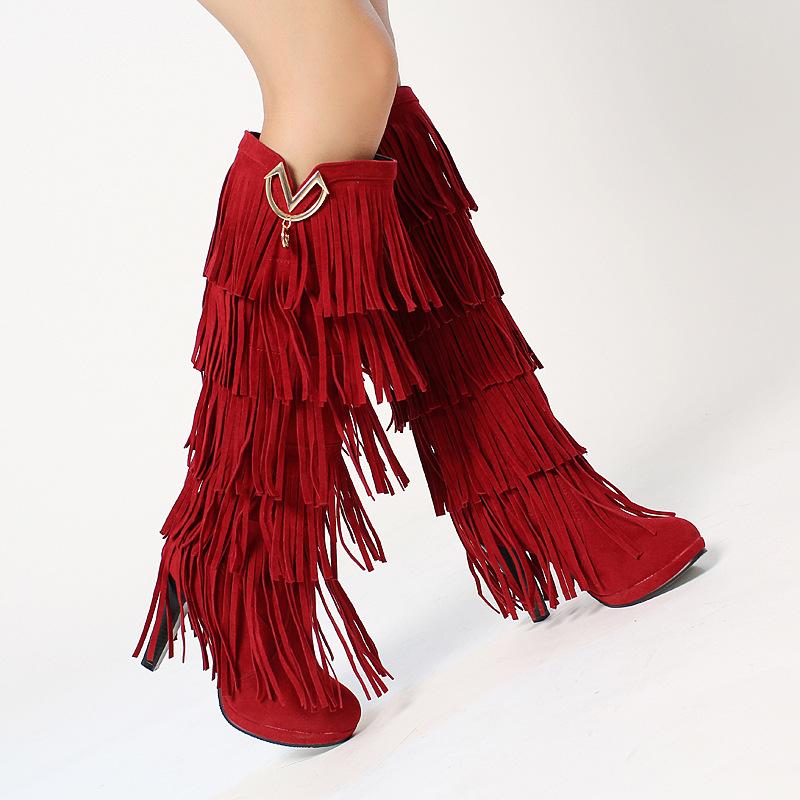 Women fashion fringe chunky heel platform knee high boots