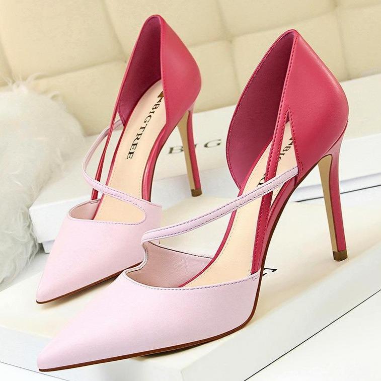 Women color block side cut pointed toe stiletto high heels