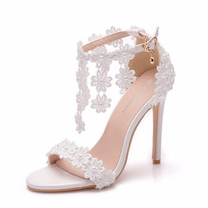 White floral lace peep toe wedding heels tassels ankle strap bridal heels