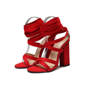 Women square chunky heel peep toe lace up strappy heels