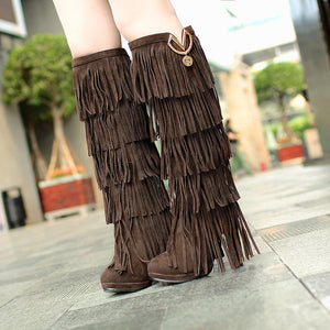 Women fashion fringe chunky heel platform knee high boots