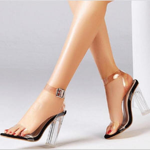Women peep toe buckle ankle strap clear chunky heels