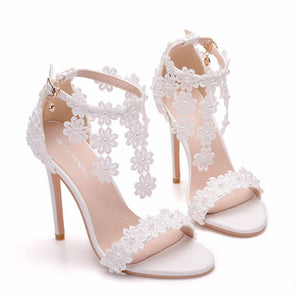 White floral lace peep toe wedding heels tassels ankle strap bridal heels