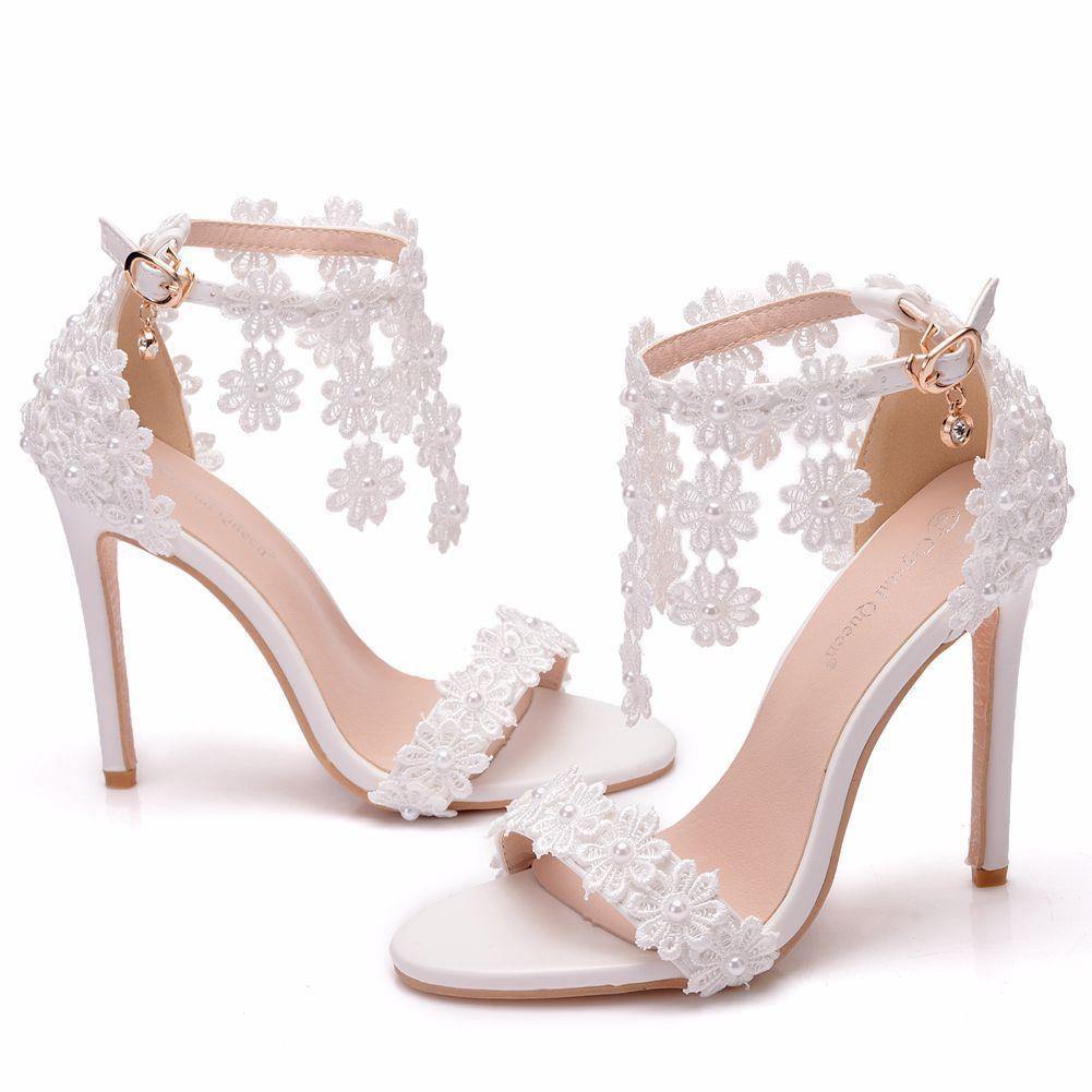 White floral lace peep toe wedding heels tassels ankle strap bridal heels