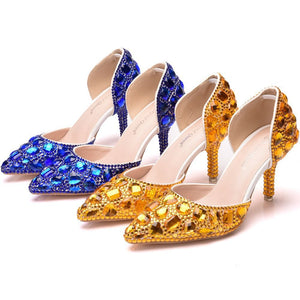 Women cute rhinestone side cut pointed toe stiletto wedding heels