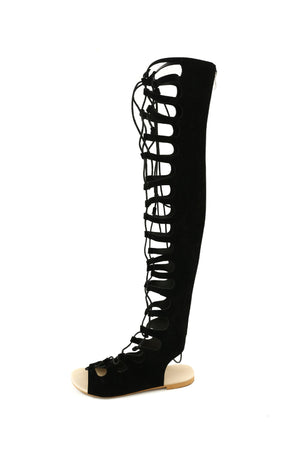 Women knee high slingback peep toe hollow strappy lace up sandals