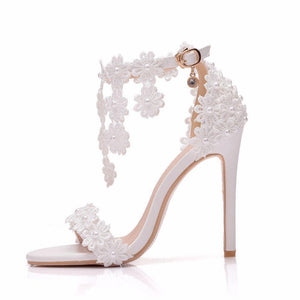 White floral lace peep toe wedding heels tassels ankle strap bridal heels