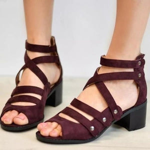 Women's peep toe roman gladiator sandals chunky low heel sandals with back zipper