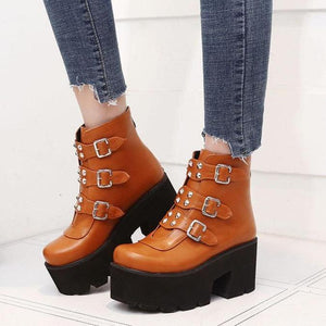 Women buckle strap chunky platform ankle short boots