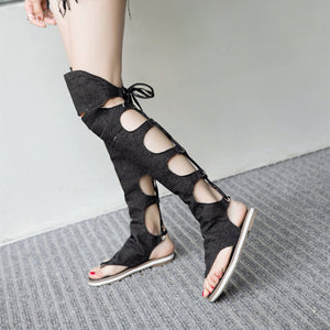 Women denim flip flop over the knee hollow lace up sandals
