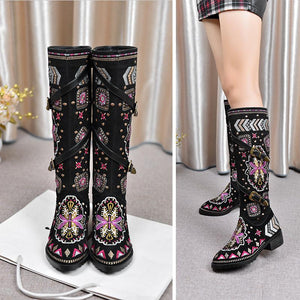 Women fashion embroidered flower chunky heel mid calf boots