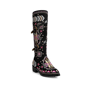 Women fashion embroidered flower chunky heel mid calf boots