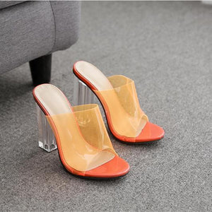 Women clear strap peep toe chunky heel slide heeled mules