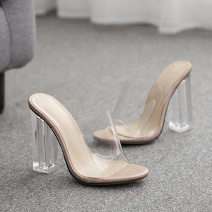 Women clear strap peep toe chunky heel slide heeled mules