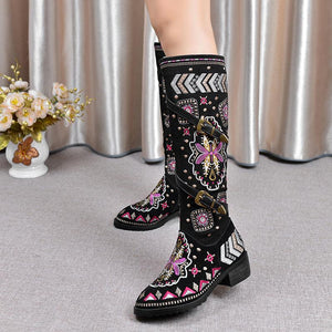 Women fashion embroidered flower chunky heel mid calf boots