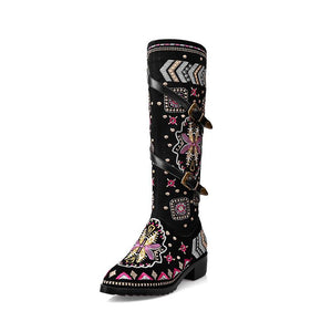 Women fashion embroidered flower chunky heel mid calf boots