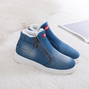 Denim ankle boots fur lining sneakers with zippers