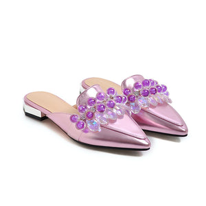 Women square chunky heel rhinestone pointed toe mule sandals