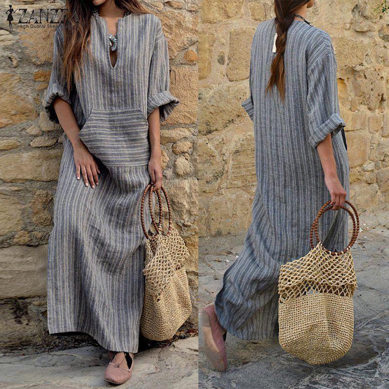 Stripe Pockets 3/4 Sleeves Maxi Shift Dress