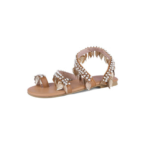 Women metal leaves rhinestone strap slip on summer flat sandals