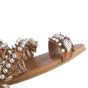 Women metal leaves rhinestone strap slip on summer flat sandals