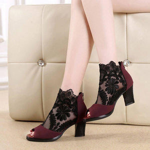 Women peep toe lace flower sexy chunky heels booties