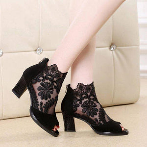 Women peep toe lace flower sexy chunky heels booties