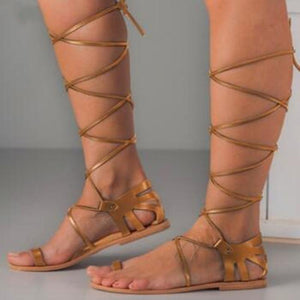 Women's knee high criss cross tie-up gladiator sandals boots