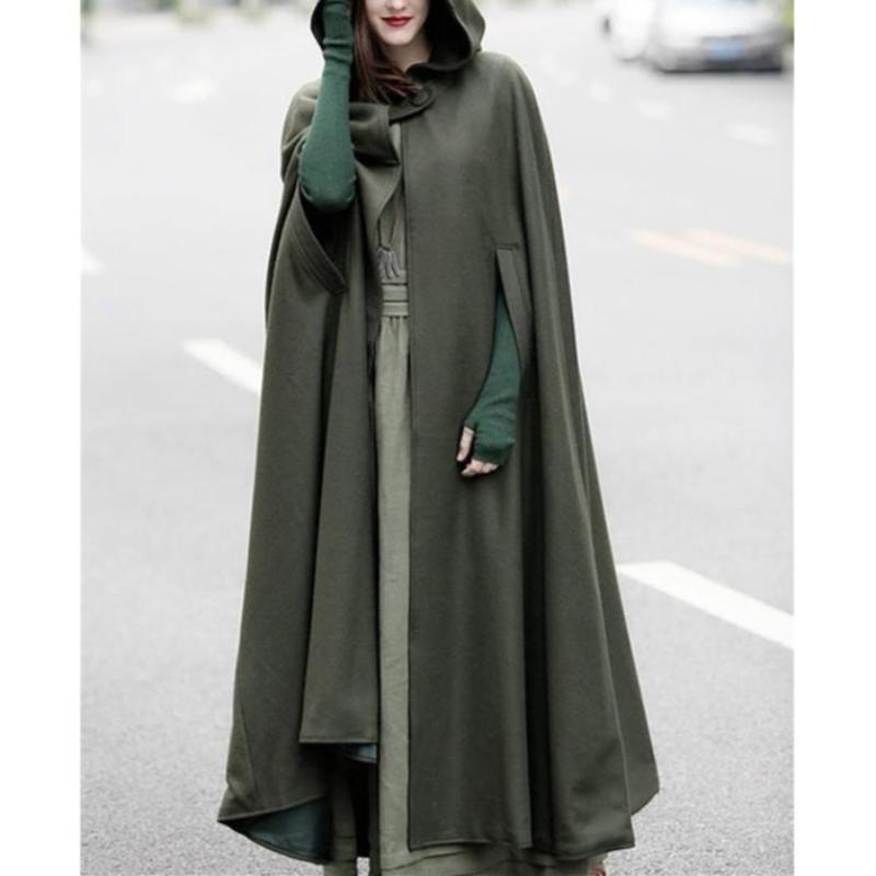 Women hooded cape solid color long duster coat