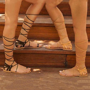 Women's knee high criss cross tie-up gladiator sandals boots