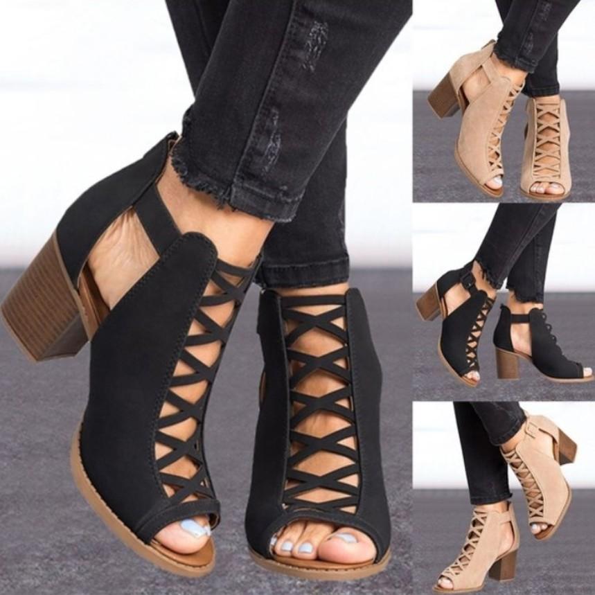 Roman Hollow Chunky Peep Toe Sandals