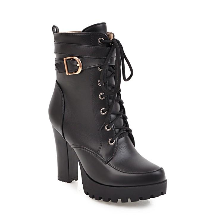 Women's platform heeled combat boots buckle strap short boots