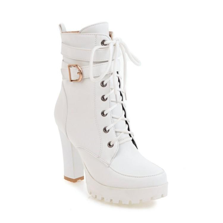 Women's platform heeled combat boots buckle strap short boots