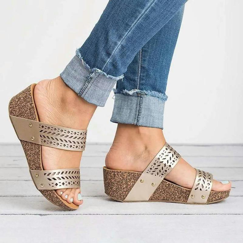 Women's 2 straps peep toe wedge slide sandals