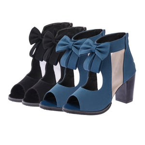 Women bowknot hollow back zipper peep toe chunky heels