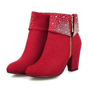 Women's rivets décor fold down ankle block heel zipper ankle boots