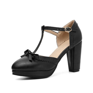 Women bow ankle strap chunky heel platform closed toe heels