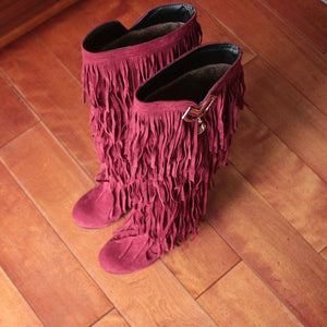 Women fashion fringe chunky heel platform knee high boots