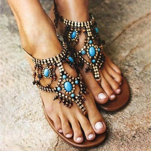 Bohemia Rhinestone Glitter  Beads Flat Sandals - GetComfyShoes