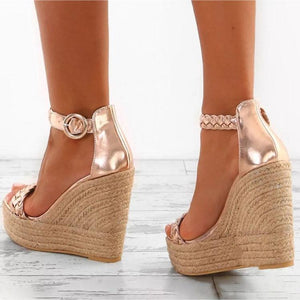 Women high heel peep toe side hollow espadrille wedge sandals