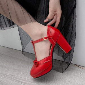 Women bow ankle strap chunky heel platform closed toe heels